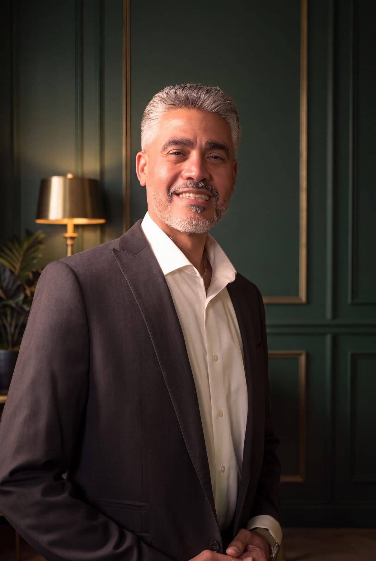 Rafael Sánchez, co-founder and managing partner of RSCCA, standing in a green-panelled office.